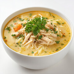 Hearty chicken noodle soup served in a white bowl Shredded chicken small pasta and diced carrots are visible Fresh