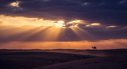 Camel walking on desert dunes with dramatic sunset light