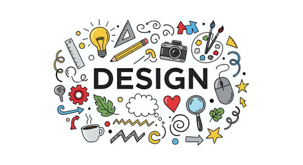 Fototapeta premium Creative design icons and elements collage, colorful doodles representing ideas, tools, and inspiration for graphic designers.