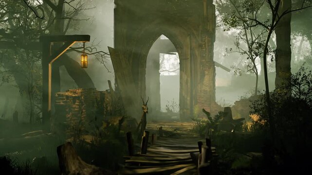 A winding path cuts through a dense forest, leading towards crumbling ruins. Dim light filters through the fog, creating an eerie atmosphere among the trees and underbrush.