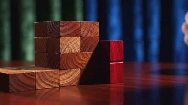 Wooden puzzle being completed with red block, close-up shot of hand arranging cubes on a reflective table