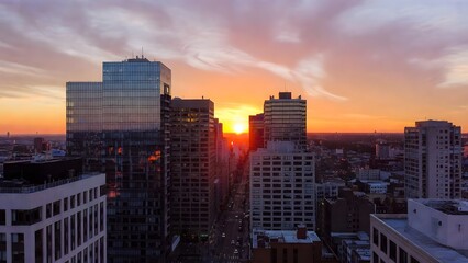 Fototapeta premium Beautiful urban city skyline at sunset with golden sun glowing between glass skyscrapers