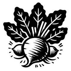 A black and white vector graphic illustration of an acorn with leaves © MS
