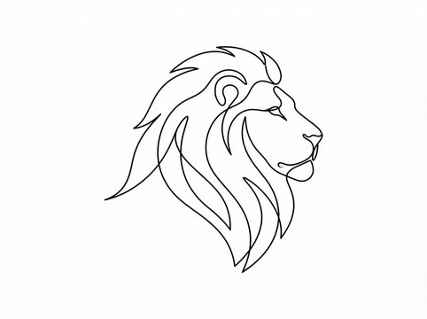 Minimalist one line drawing of a majestic lion head profile. A continuous line art illustration representing strength, power, and leadership