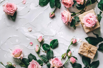 Elegant flatlay of pink roses and rustic gifts on a textured background, perfect for Mother's Day or Valentine's Day