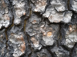 Close-up texture of dark gray tree bark with deep cracks and crevices, showing natural detail and rough surface