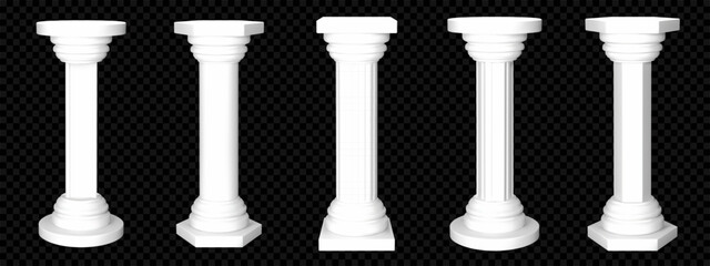 Naklejka premium Marble plinth column with concrete pillar and white cylinder podium for modern exhibition. Old round stone base with realistic texture and 3d render. Isolated vector stand for museum interior