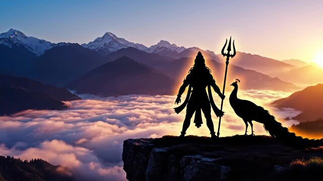 Silhouette of Lord Kartikeya with Trident and Peacock on a Mountain Cliff at Sunrise, Scenic Landscape with Snow-Capped Peaks and Cloud Cover, Spiritual Worship Scene