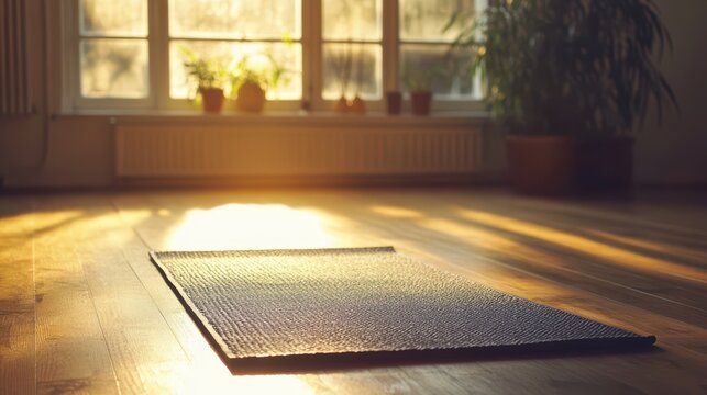 yoga matt in warm room with sunlight shining through window