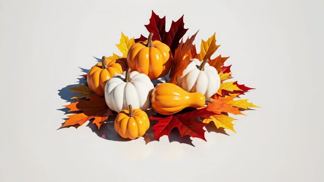 Seamless loop abstract motion graphic animation featuring stylized autumn leaves and harvest gourds rotating slowly on a clean white infinite floor vibrant colors, design element, clean