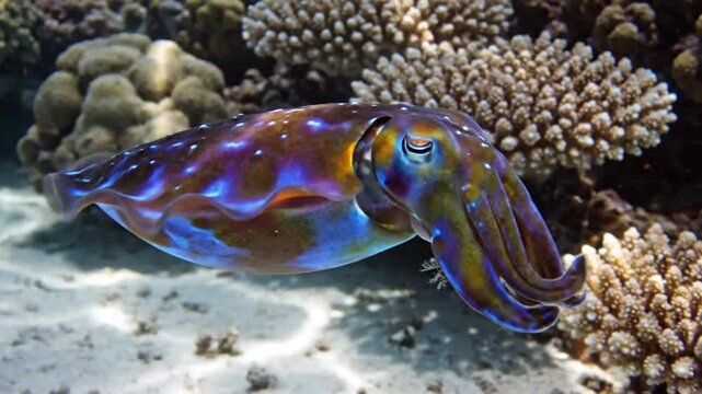 Mesmerizing close-up of a vibrant cuttlefish swimming gracefully amongst coral reefs in its underwater habitat