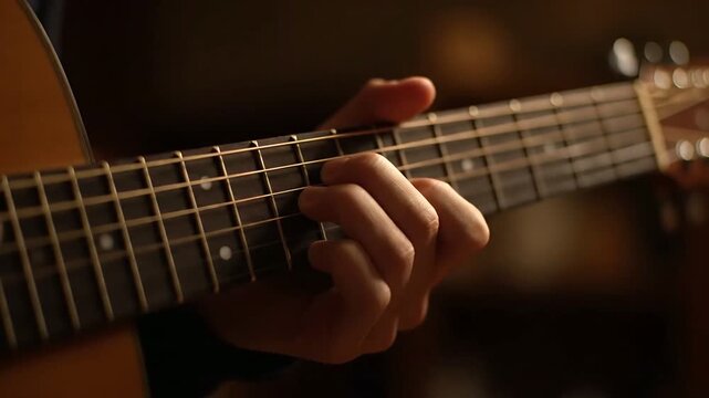 Close up of a hand playing chords on an acoustic guitar in a warm room.