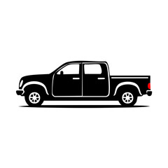 A black pickup truck is viewed from the side, showcasing its sleek design and prominent features in a simple, vector illustration style.