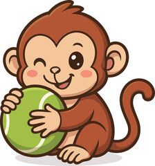 This playful monkey is winking and holding a vibrant green tennis ball, expressing joy and enthusiasm, making it an engaging image for children’s content and projects. © Zejun