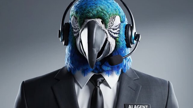 A professional parrot wearing headphones and a suit is standing in a formal setting