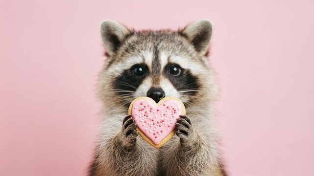 Cute raccoon is handing a pink heart shaped cookie on pastel background, adorable animal portrait, love concept, Valentine Day