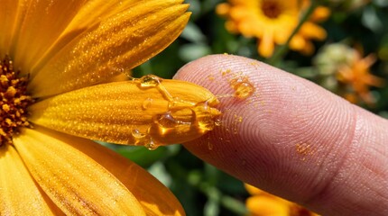 Top Down Macro of Fingertip Touching Sticky Calendula Petal with Golden Resin and Pollen Catching Light