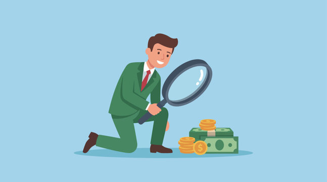 A businessman in formal attire cheerfully examines money and coins with a magnifying glass, highlighting diligence, exploration, and the importance of finance and investment.
