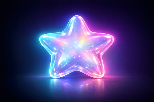 Glowing neon star with blue and pink lights shining bright in dark background