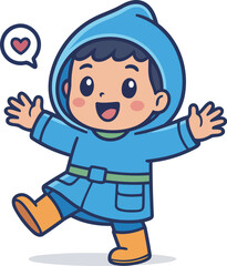This lively illustration shows a joyful child in blue rain gear, happily moving and expressing excitement, perfect for capturing youthful joy and adventure themes.
