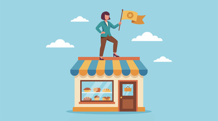 A confident woman proudly stands atop a bakery store while holding a flag, symbolizing achievement and entrepreneurship, stunning in a colorful setting. © Zejun
