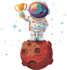 Naklejka premium This captivating illustration depicts an astronaut standing proudly on the moon while holding a trophy, symbolizing achievement, exploration, and the human spirit of adventure.