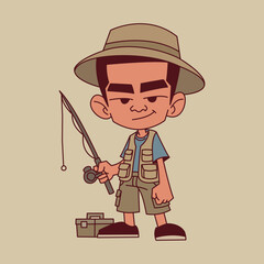 Cute cartoon boy character wearing fishing gear with fishing rod and tackle box illustration