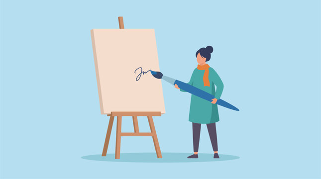 An artist stands beside an easel with a giant brush pen, preparing to create her masterpiece, exhibiting passion and creativity in a bright and inviting atmosphere.