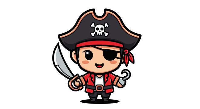 Cute Chibi Pirate Character with Sword and Hook on White Background