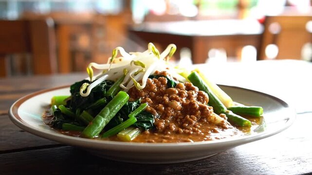 Delicious and Healthy Indonesian Gado Gado Dish with Fresh Vegetables and Peanut Sauce Presented on a Plate