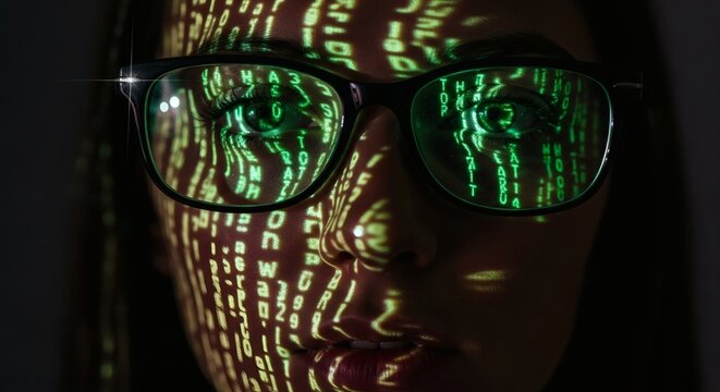 Coded Vision Woman in Glasses Bathed in Digital Matrix Light.