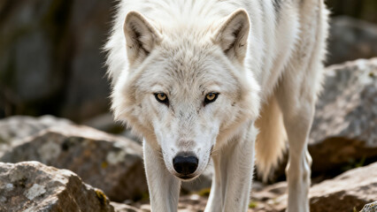 Obraz premium A majestic white wolf with intense yellow eyes gazes directly at the viewer amidst a rocky, natural environment
