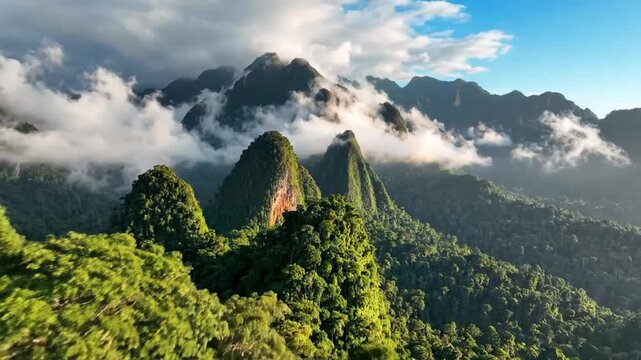Breathtaking aerial view of lush tropical mountains shrouded in mist and vibrant green forest under a partly cloudy sky.