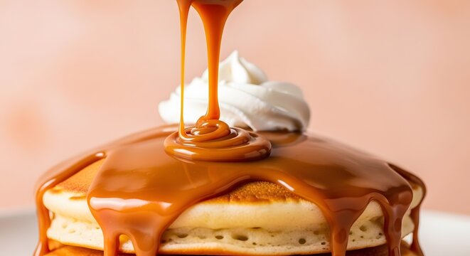 Caramel sauce pouring over stack of pancakes with cream