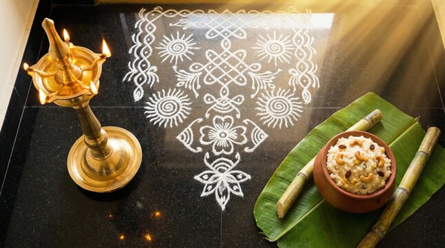 Woven kolam rice flour patterns on black granite floor beside brass kuthu vilakku with flaming wicks.