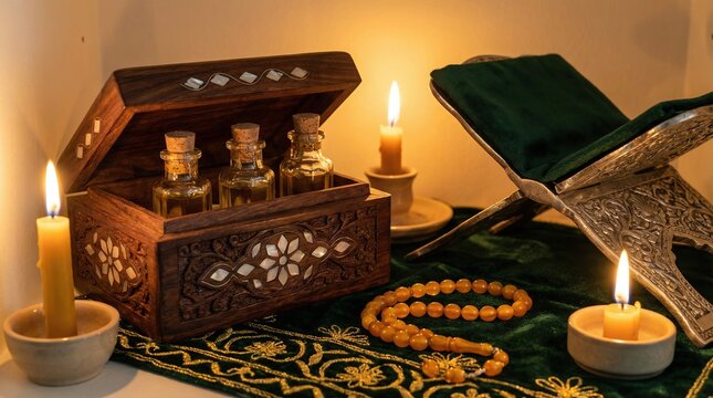 Ornate silver Qurans stand with velvet cover and amber rosary beside carved sandalwood box of attar.