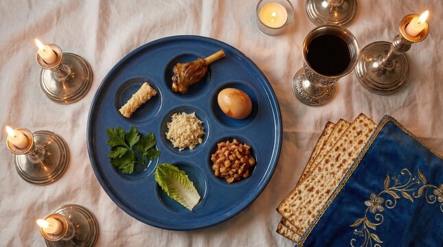Blue ceramic Passover plate with six symbolic items including lamb bone replica and roasted egg.