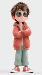 Stylish 3D Cartoon Boy Wearing Sunglasses with Crossed Arms Isolated on White Background, Cool Kids Fashion Concept, Generative AI