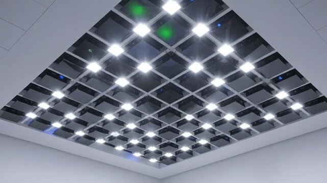 Futuristic Illuminated Ceiling Tile Design with Bright Lighting and Reflective Surface in Minimalist Room