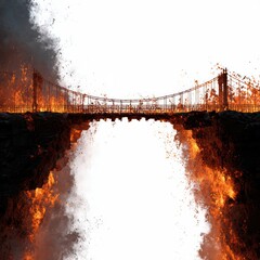 Suspension Bridge Engulfed in Flames Over River, Disaster and Crisis Concept Illustration, Generative AI