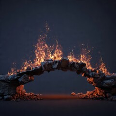 Burning Stone Arch Collapsing in Flames on Dark Background, Crisis and Destruction Concept, Generative AI