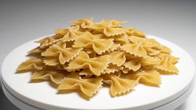 Close up view of uncooked farfalle pasta arranged on a rotating white plate against a soft gray backdrop.