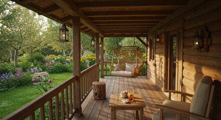 Fototapeta premium Rustic Wooden Cabin Porch with Garden View at Sunset