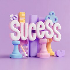 3D Success Text with Business Growth and Achievement Concept on Pastel Background, Motivational Finance Illustration, Generative AI 
