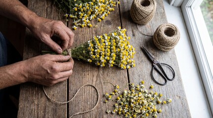 Overhead Shot of Hands Bundling Dried Chamomile Flowers with Hemp Cord for Herbal Tea and Apothecary Preparation