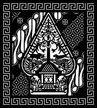 Javanese Gunungan Wayang Batik Black White Square Pattern