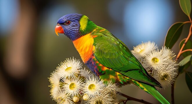 Rainbow lorikeet perched on a flowering branch