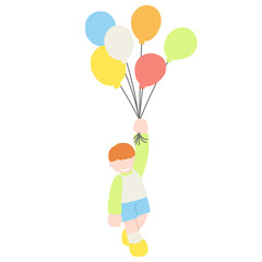 風船につかまって飛ぶこどものフラットなイラスト