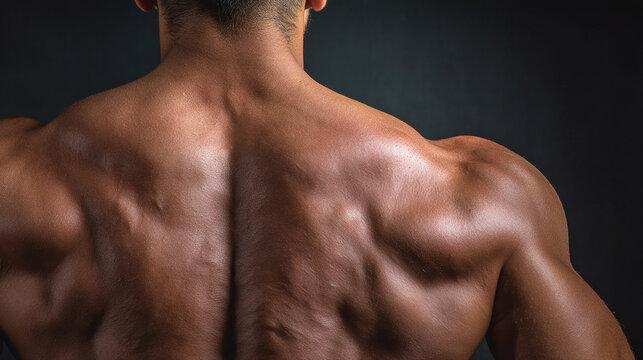 The muscular back of a shirtless man with defined muscles and sweaty skin