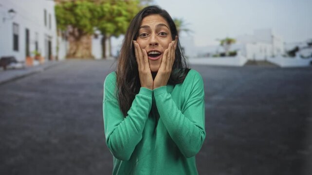 Woman touching cheeks with hands mouth open facing camera on street green sweater visible; surprise.